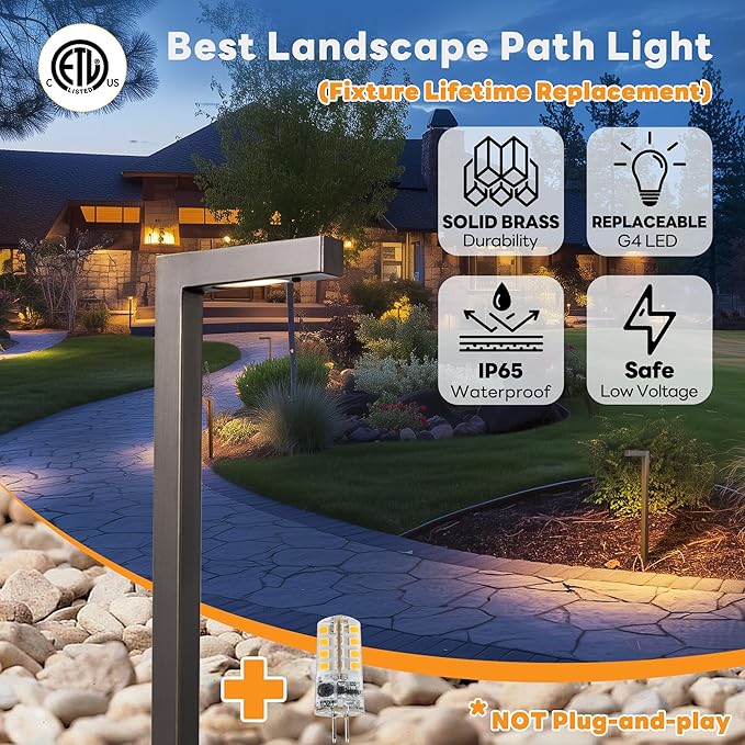 Brass Low Voltage Pathway Lights, Waterproof Outdoor Landscape Path Lights, 12V LED Wired Bronze L Shape Garden Lights for Yard Walkway House with 3W 270LM 5000K G4 Bulb 6 Pack
