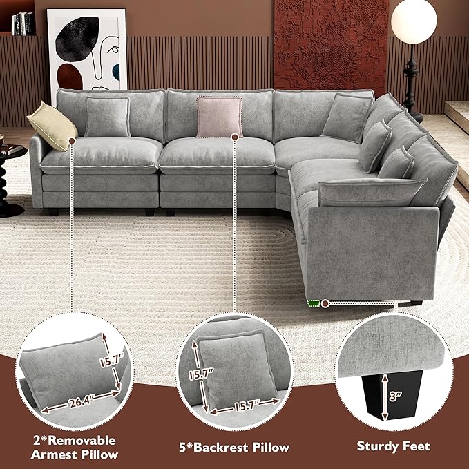 Ihanherry 114" V-Shaped Modern Sofa Modular Sectional Cloud Couch with Corner Section, 5-Seat Chenille Deep Seat Sofa with 5 Pillows for Living Room, Bedroom and Apartment, Grey