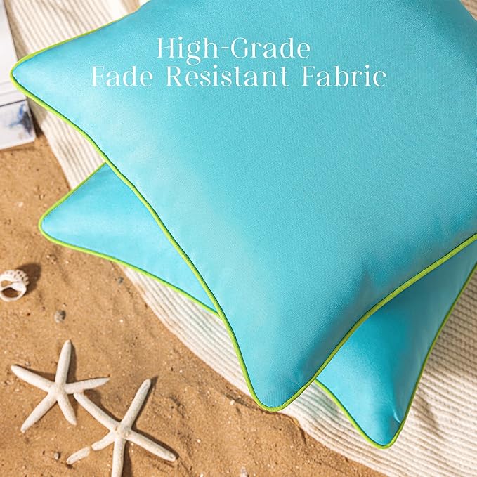Phantoscope Pack of 2 Outdoor Waterproof Throw Pillow Covers with Contrast Piping, Decorative Square Cushion Case Patio Pillows for Couch Tent Sunbrella, Sky Blue 18x18 inches