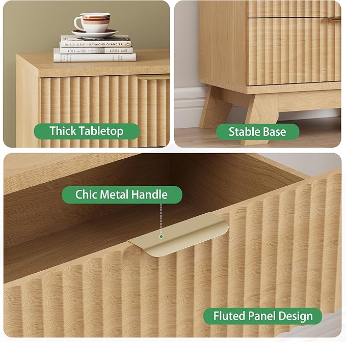 Fluted Nightstand, 24" Wide Side Table with 3 Large Storage Drawers, Mid Century Modern Wood Night Stand with Metal Handle, Wooden Bedside End Table for Bedroom, Living Room, Closet, Natural Oak