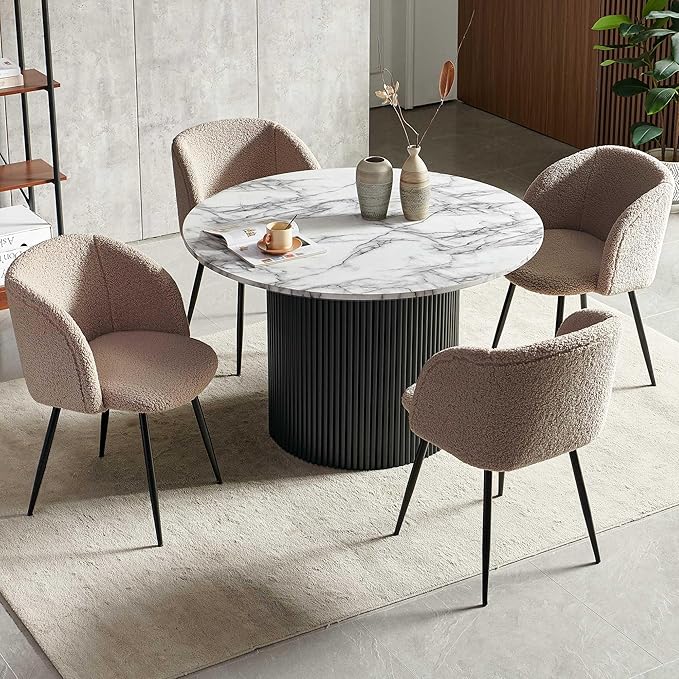 NORDICANA 5-Piece Wooden Round Dining Room Table and Chair Set, 47-Inch Kitchen Table with Barrel Chairs for 4, Brown Upholstered Sherpa Dining Set, MDF Core with White Marble Effect Finish