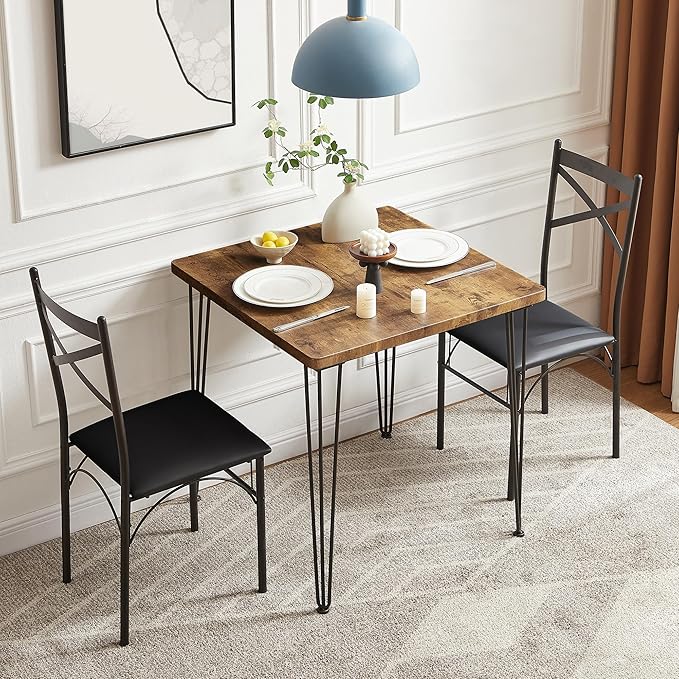 VECELO 3 Piece Dining Table Set for 2, Kitchen Table Set with 2 Chairs for Small Space, Space-Saving and Modern Design, Apartment, Easy to Assemble,Brown