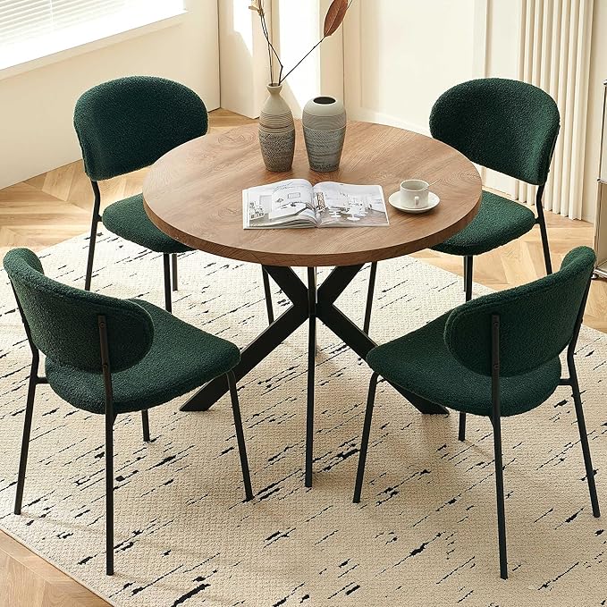 Dining Table Set for 4, Modern 5-Piece Kitchen Table Set, 37" Round MDF Living Coffee Table with 4 Seated Green Boucle Dining Chairs Upholstered, Metal Legs for Dining Hall, Living Room