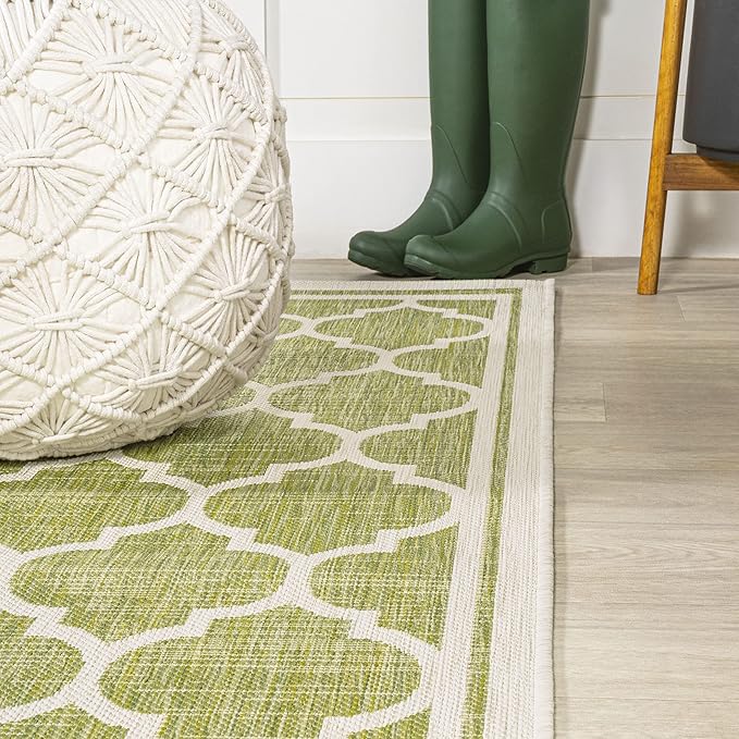 Eyely BMS109G-5R Santa Monica Trebol Moroccan Trellis Textured Weave Indoor/Outdoor Area Rug Coastal;Bohemian, Bedroom, Backyard, Patio, Easy-Cleaning, Non-Shedding, 5' Round, Green/Cream
