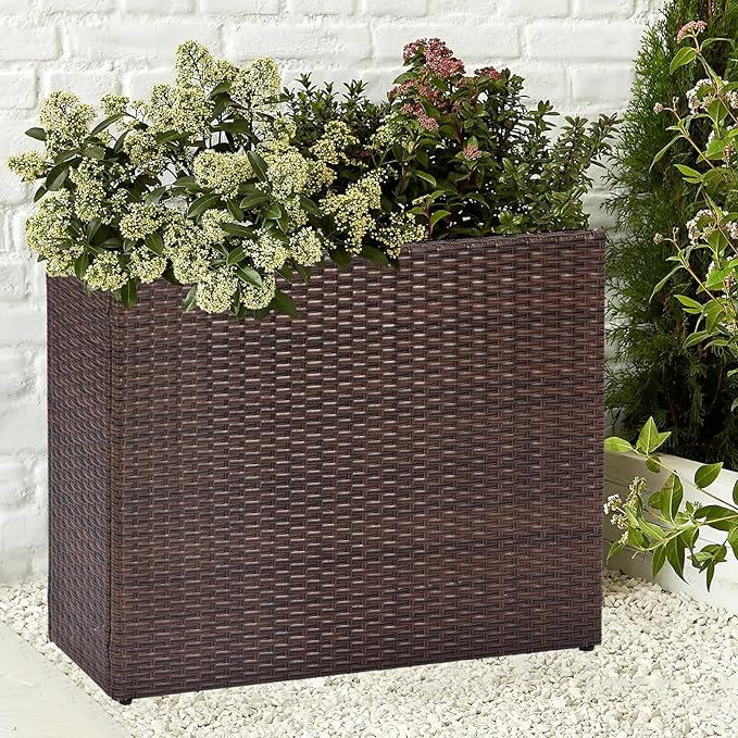 LEWIS&WAYNE Large Rectangular Block Planter Box Handmade Wicker Tall Planters for Outdoor Plants with Removable Liners Modern Planter for Indoor Outdoor Patio Deck - Brown, 32''x11''x24''