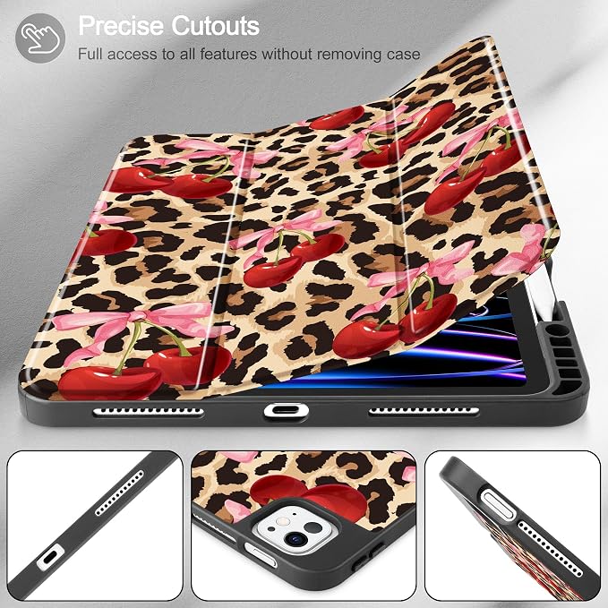 May Chen for iPad Pro 13 Inch Case M5 2025 / M4 2024 Tablet Cases Trifold Stand + Pencil Holder + Auto Wake/Sleep + Soft TPU Protective Stand Back Cover Cherry &amp Cheetah