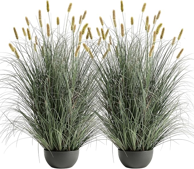 4ft Onion Grass Set of 2, Artificial Plant and Greenery, Fake Floor Plants Indoor Outdoor, Potted Faux Green Bristlegrass with Yellow Spikes, Large Size Horsetail Reed Grass, House Decorative
