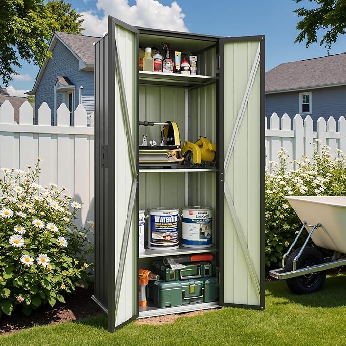 Patiowell 28 Cuft Outdoor Storage Cabinet, Metal Storage Shed with 3 Adjustable Shelves, Indoor Outdoor Vertical Waterproof Tool Shed with Lockable Door for Patio Garden Backyard, Black