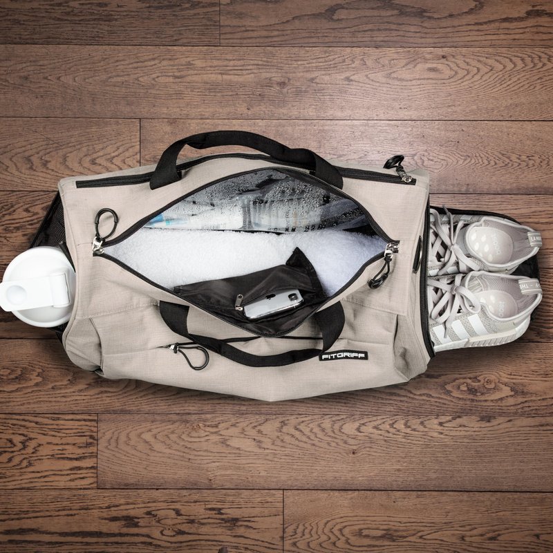 Fitgriff® Gym Bag for Men & Women with Shoe & Wet Compartment - Duffle Bag for Travel, Sports, Fitness & Workout (Beige, 19 x 10 x 10″ (Small))