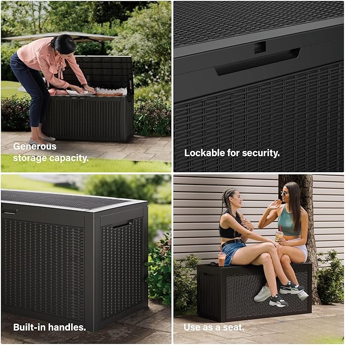 200 Gallon Outdoor Storage Box Waterproof Lockable Resin Deck Box Large, Patio Storage Bin for Pool Accessories Cushion Furniture, Garden Tools, UV-Resistant Outside Delivery Black