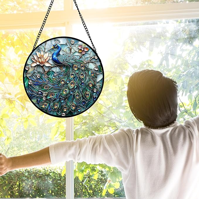 Stained Glass Window Hanging, Blue Peacock Decoration Suncatcher for Door Garden Home Flower Bird Sun Catchers Christmas Mother's Day Birthday Gifts for Women Men Mom Nana Friend 9.8 in