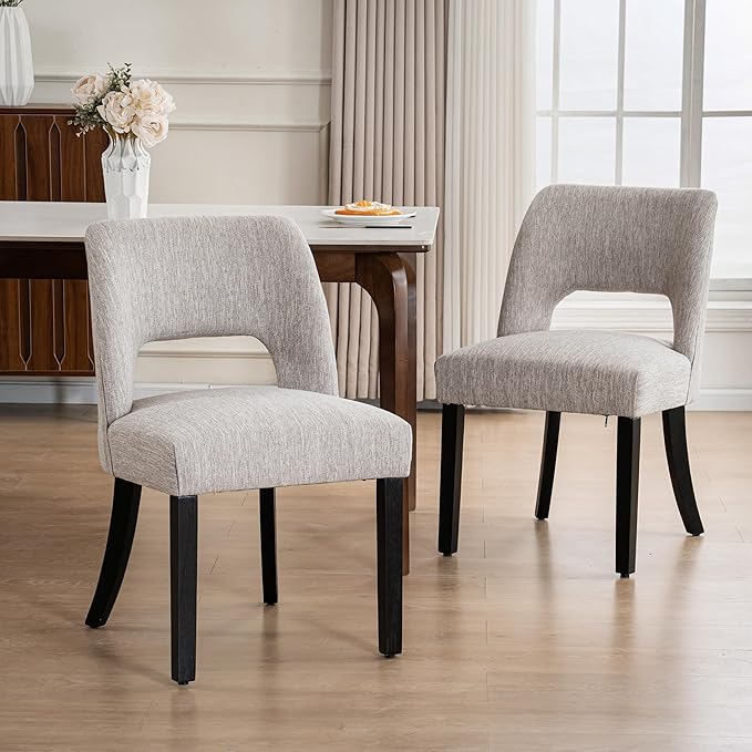 VKNOW Wooden Dining Chairs Set of 2, Modern Fabric Upholstered Dining Room Chair Kitchen Chairs, Farmhouse Dinner Chair for Kitchen Dining Room, Grey-Black Legs