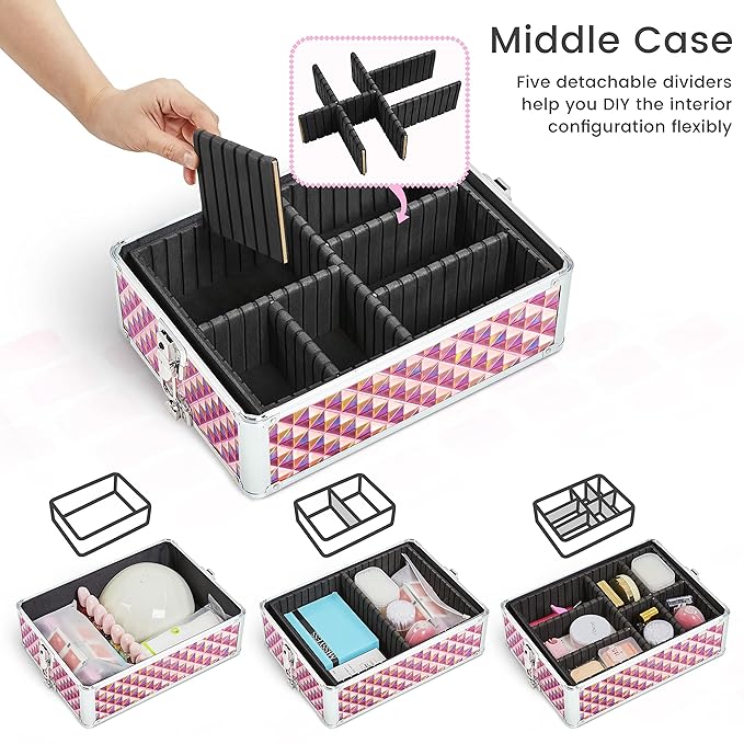 Yaheetech 4 in 1 Professional Makeup Train Case/Rolling Cosmetic Trolley/Makeup Case Organizer/Makeup Travel Case with 4 Detachable Swivel Wheels, Glitter Pink