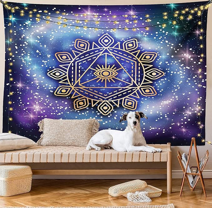Ambesonne Geometry Tapestry, Celestial and Terrestrial Harmony of Cosmos Mandala Form on Nebula Art, Fabric Wall Hanging Decor for Bedroom Living Room Dorm, 28" X 23", Indigo