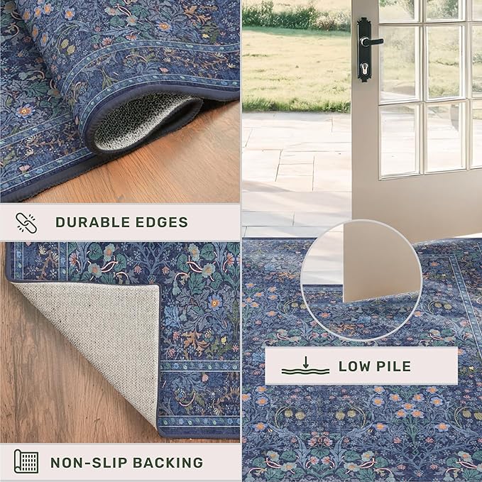 Vintage Dark Blue 3x5 Area Rugs for Entryway, Bedroom Beside Rug, Kitchen, Laundry Room, Non-Slip Low Pile Ultra Soft Stain Resistant Small Floral Carpet - Boho Plant Dusky Navy Decor