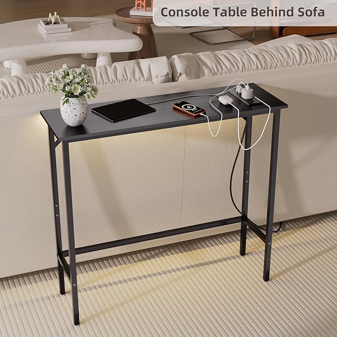 Narrow Console Table with Led Light and Charging Station，29.5" Small Entryway Table，Display Table，Entryway Hallway Thin Sofa Table Behind Sofa, Small Spaces, Living Room, Black