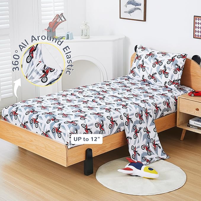 Viviland 3 Pieces Boys Grey Twin Sheet Set - Soft Microfiber Fitted Flat Sheets & Pillowcase - Red Motorcycle Print Bedding Sets - for Kids & Toddlers