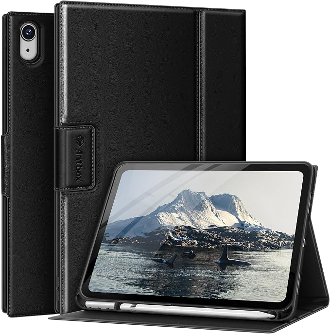 Antbox Case for iPad (A16) 11th (11'')/ 10th Generation (10.9'') Black | High Grade Skin-Touch Vegan Leather Built-in Pencil Holder Auto Sleep/Wake Function