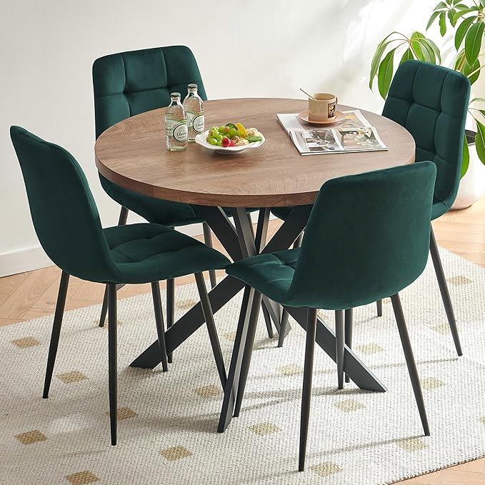 5-Piece Round Dining Table Set - Kitchen Table Chairs Set of 4 with Green Velvet Upholstered Chairs -Dining Table Set for 4