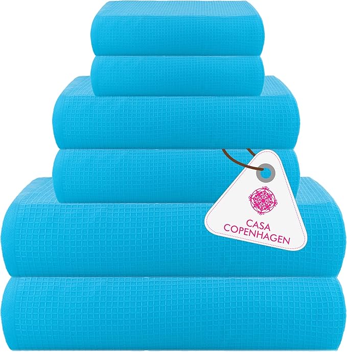 CASA COPENHAGEN Waffle Towel, 6Pieces 100% Cotton Large Towel Set- Teal Blue, 2Bath 2Hand 2Washcloths Instant Absorb and Dry, Soft Strong Towels for Hotel Spa Kitchen Bathroom & Shower