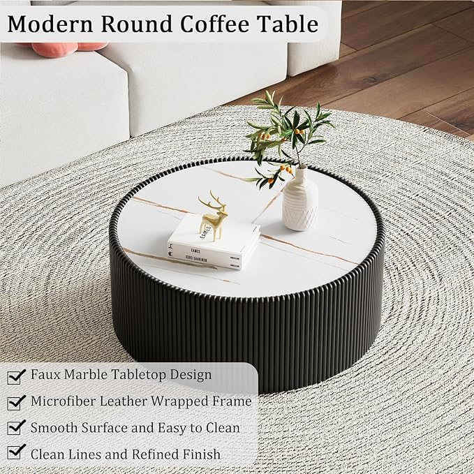 Black Round Coffee Table with Sintered Stone Tabletop, 29.52" Drum Coffee Table with Fluted PU Leather Covered and Stable Base, Circle Cocktail Tea Table for Living Room