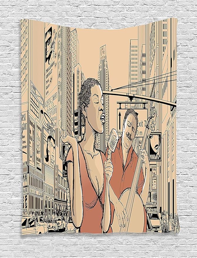 Ambesonne Jazz Music Tapestry, Singer Double-Bass Player in a Street of New York Urban Lifestyle Image, Wall Hanging for Bedroom Living Room Dorm Decor, 40" X 60", Brown Beige