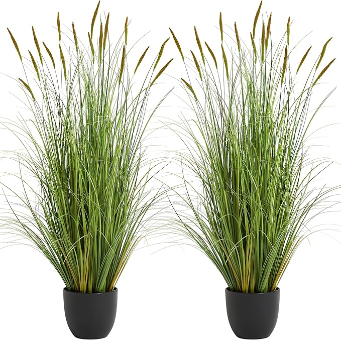 KOL 4ft 2-Pack Artificial Cattail Reed Grass, 47.2’’ Artificial Indoor Outdoor Fake Onion Grass Plant, Home Office Wedding Decorative Potted Plant Faux Greenery, Housewarming Gift, Green