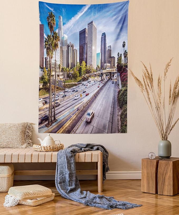 Ambesonne Travel Tapestry, Downtown Cityscape of Los Angeles California USA Avenue Buildings Palms Print, Wall Hanging for Bedroom Living Room Dorm Decor, 60" X 80", Blue Grey Green