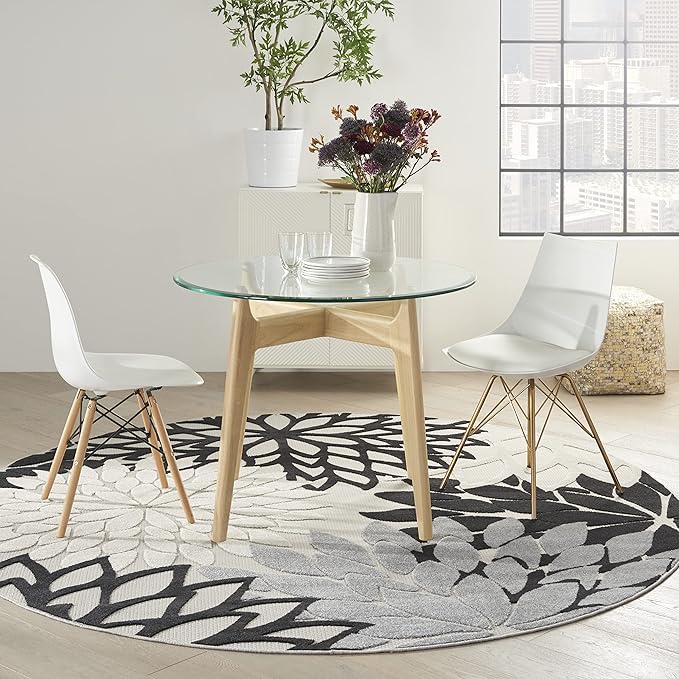 Nourison Aloha Indoor/Outdoor Black White 7'10" x Round Area Rug, Tropical, Botanical, Easy Cleaning, Non Shedding, Bed Room, Living Room, Dining Room, Deck, Backyard, Patio (8 Round)