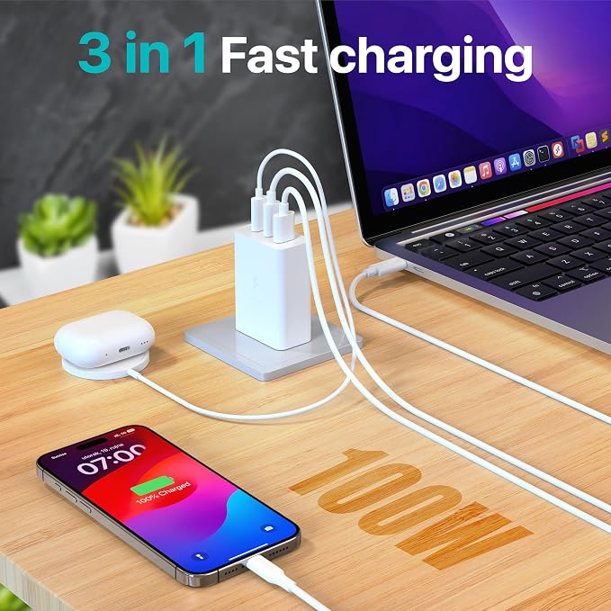 USB C Charger Block 100W (Total Output) 3-Port GaN Fast Charging Station | PPS Type C Plug Brick Compatible with iPhone 17 16 15 14 13 Pro Max MacBook Air iPad Galaxy S26 S25 S24 Plus