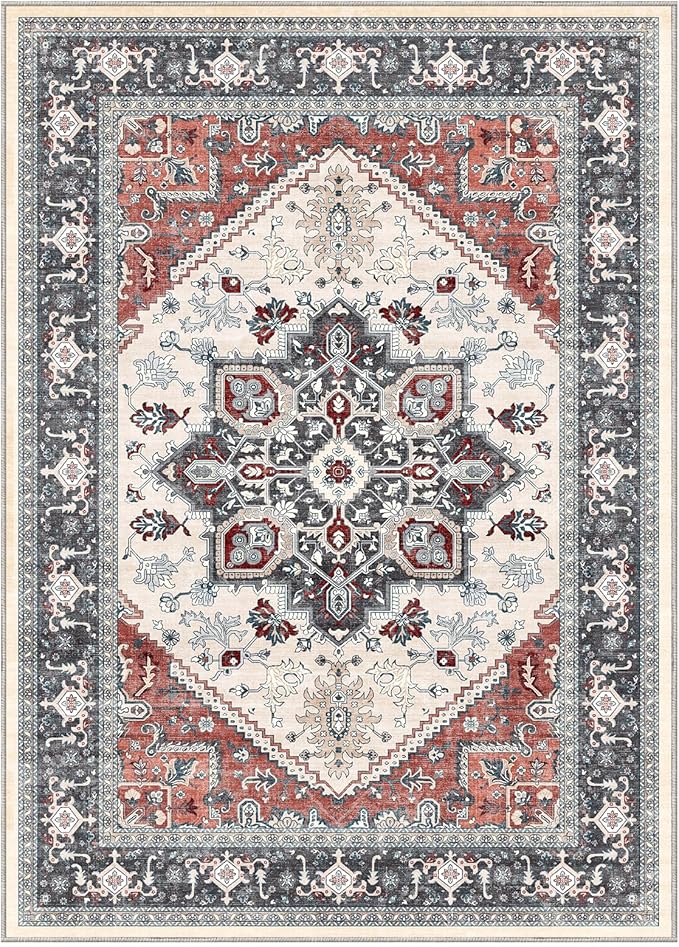 OPPODREAM Thin 6x9 Area Rugs, Washable Rug 6x9 with Non Slip Backing, Faux Cashmere Low-Pile 6 x 9 Carpet, Black & Red