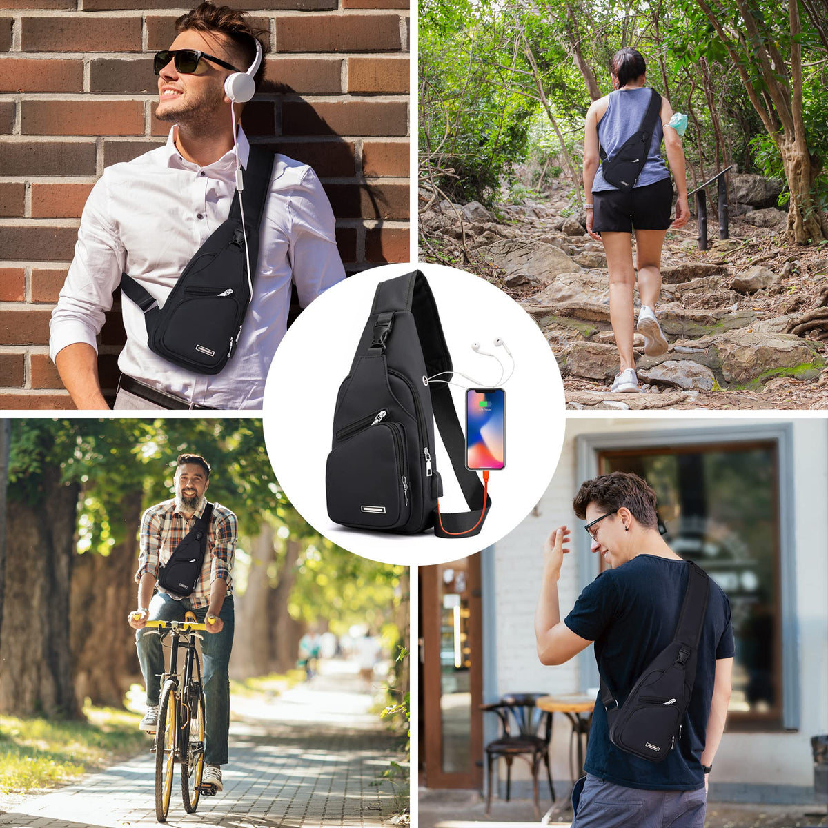 Sling Bag Crossbody Backpack for Men Women with Charger & Headphone Hole