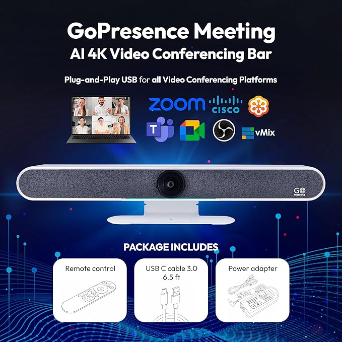 GoPresence 4K Ultra HD Meeting Bar – All-in-One Video Conferencing System with 120° Wide-Angle Lens, 6 Mics with 20ft Pickup Range, Dual Speakers, Plug-and-Play USB for Zoom/Teams/Meet – Medium Rooms