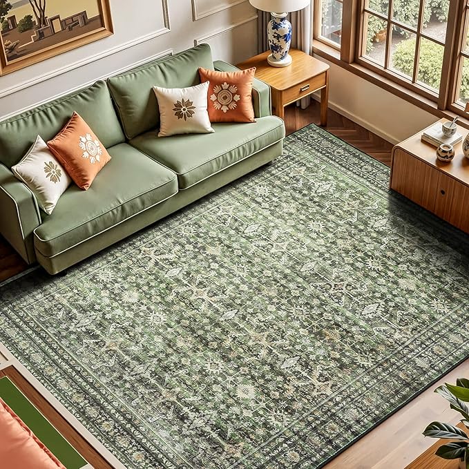 Lofus 6x9 Area Rug for Living Room,Green Washable Area Rugs with Non-Slip Backing,Soft Boho Carpets for Bedroom Dining Room Home Office Indoor Nursery