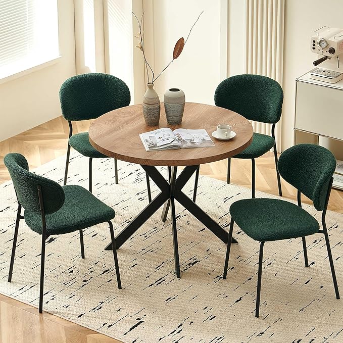 Dining Table Set for 4, Modern 5-Piece Kitchen Table Set, 37" Round MDF Living Coffee Table with 4 Seated Green Boucle Dining Chairs Upholstered, Metal Legs for Dining Hall, Living Room