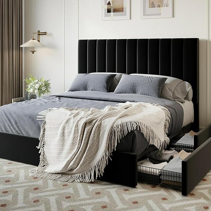 SHA CERLIN Queen Size Platform Bed Frame with 4 Storage Drawers, Vertical Channel Tufted Adjustable Headboard, Velvet Upholstered, Wooden Slats Support, No Box Spring Needed, Easy Assembly, Black