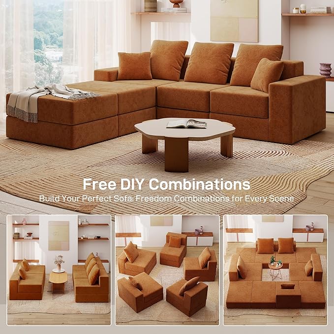 Living&Giving 101" U-Shaped Cloud Sectional Couch for Living Room, Cloud Boneless Couch-No Assembly with Reversible Chaise, Customizable 3-Seat Modular Sectional Sofa with 2 Ottoman, Orange
