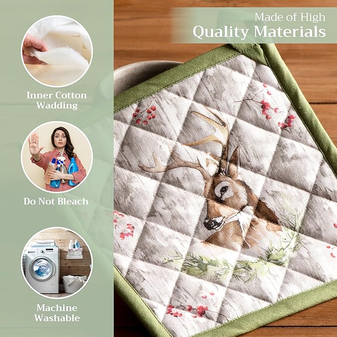 Maison d' Hermine Pot Holders 100% Cotton Heat Resistant Potholders 8" x 8" Hot Pads with Loop for Thanksgiving Christmas Decorations BBQ Cooking Baking Handling Hot Pans (Pack of 1, Mountain Life)