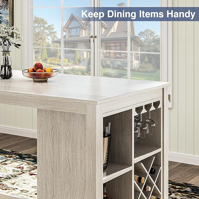 5-Piece Solid Wood Dining Table Set for 4 with Storage Shelves/Wine Rack/Glass Holder, Modern Breakfast Dinette Kitchen Table with Chairs for Dining Room, Kitchen, Grey