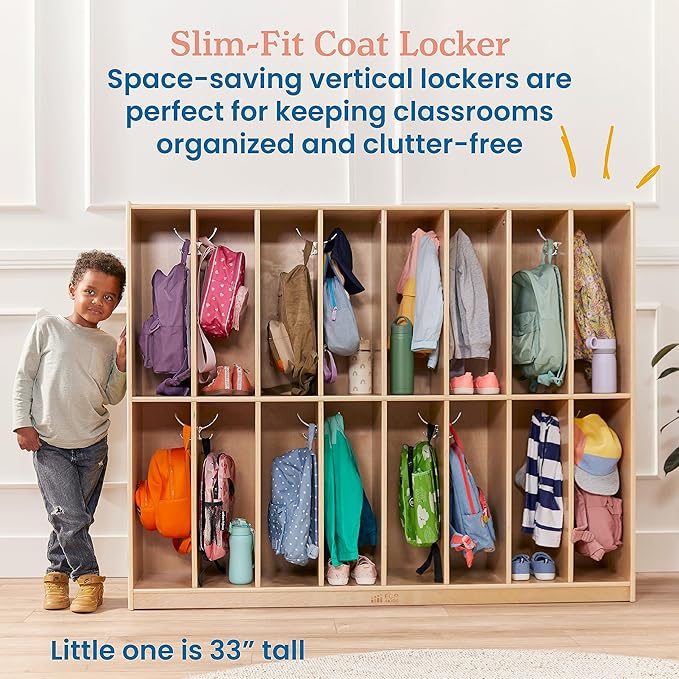 ECR4Kids 16-Section Coat Locker, Classroom Furniture, Natural