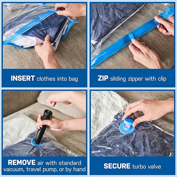 4 Pack Variety Vacuum Storage Bags for Comforters, Blankets & Clothes – Vacuum Sealed Compression Bags with Hand Pump – Space Saver Storage Bags for Bedding, Moving, Travel & Organization (2L & 2XL)