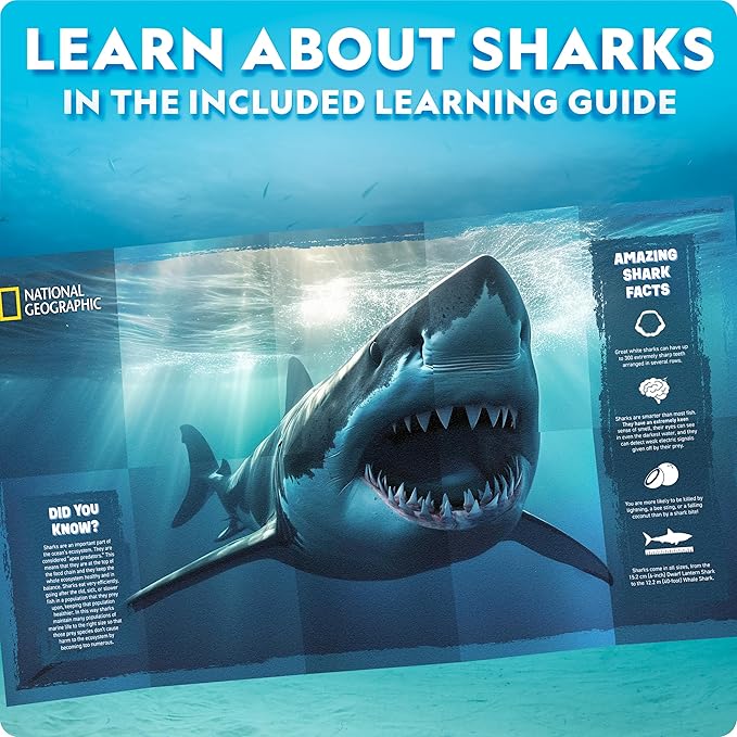 National Geographic Motorized Shark 3D Puzzle - 45-Piece 3D Wood Model Kit with Light-Up Motorized Display Base with 8 Light Settings, 3D Puzzles for Kids, Wooden Animal Puzzle, Shark Toy
