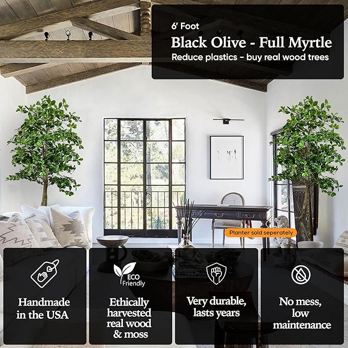 Cypress & Alabaster Handmade 6ft Italian Black Olive Leaf Artificial Tree with Ethically Sourced Real Wood Trunks, Hypoallergenic, 6-Foot, Green
