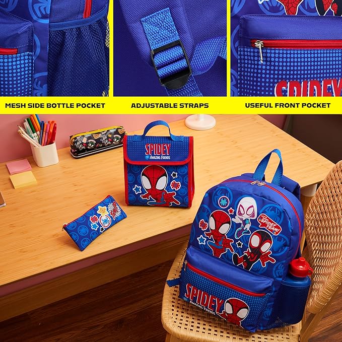 Marvel Spiderman Backpack Set 4 Pcs Water Bottle Pencil Case Lunch Bag or Wallet Key Ring School Supplies Gifts for Kids (Spidey)