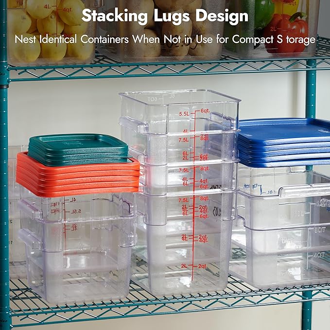 CURTA 4 Pack Food Storage Containers with Blue Lids - NSF Listed Commercial Grade in 18.0 Qt - Square, Clear, Polycarbonate