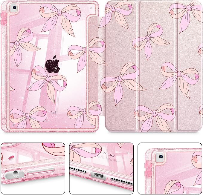 Case for iPad 9th/ 8th/ 7th Generation 10.2-Inch Case(2021/2020/2019 Release) Glitter Tablet Cases with Transparent Acrylic Back+Trifold Stand+Pencil Holder+Auto Wake/Sleep Bows-Stripe