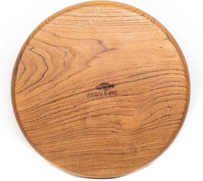 Rainforest Bowls Set of 4 12" Round Javanese Teak Wood Dinner Plates- Perfect for Everyday Use- Hot & Cold Friendly, Ultra-Durable, Premium Wooden Plates- Handcrafted by Indonesian Artisans