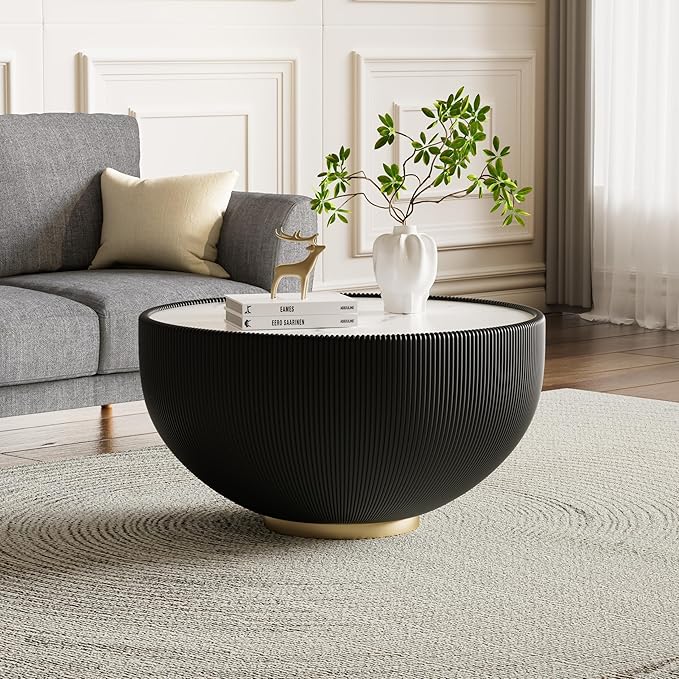 Round Coffee Table Set with Sintered Stone Tabletop, 27.56" Black Drum Center Table and 19.69" Black Coffee Table Set, 2 Pieces Living Room Table Set with Fluted PU Leather Cover& Metal Base
