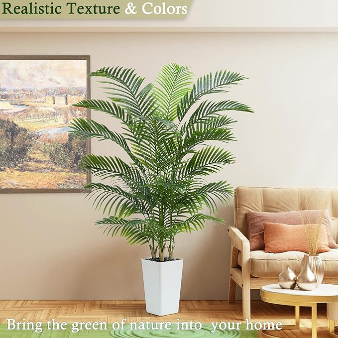 Artificial Palm Tree：6FT Tropical Fake Silk Plant UV Resistant Faux Areca Palm with White Planter & Black Pebbles for Home Office Living Room Decor Indoor Patio Porch Balcony (6FT,1-Pack,White)