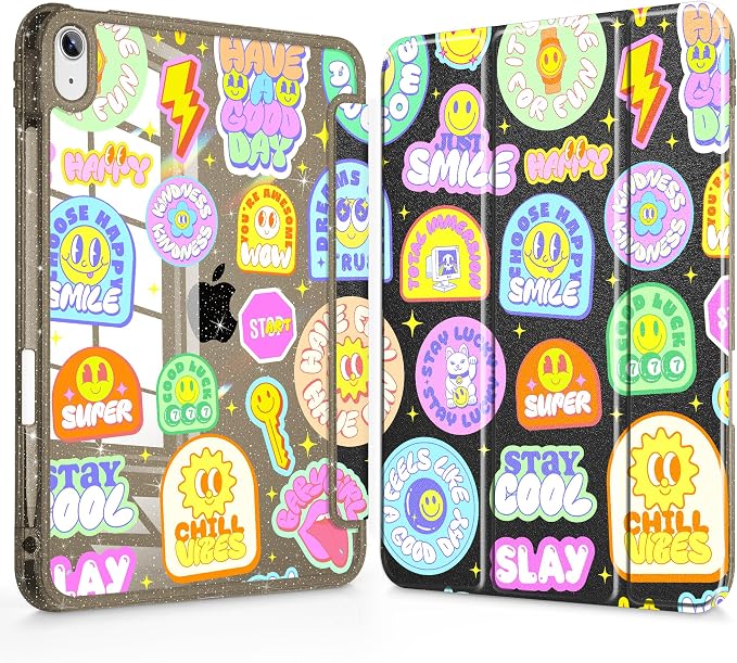 for iPad Air 11 inch M4/M3/M2 (2026/2025/2024) iPad Air 5th/4th Gen (2022/2020) 10.9 inch with Pencil Holder Glitter Clear Pretevtive Cover Auto Wake/Sleep Black Cartoon Stickers